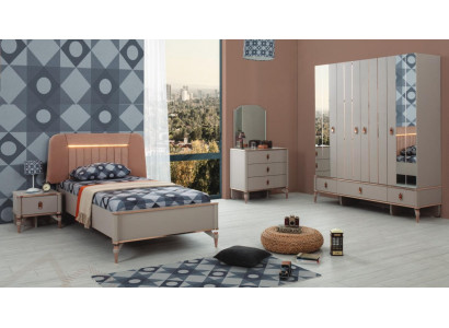 Lit de jeunesse, meubles pour enfants, lit d'enfant complet en bois beige, ensemble de 5 pièces moderne.