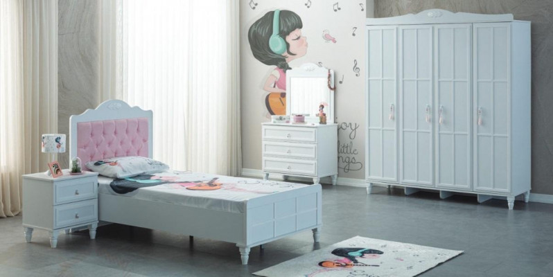 Chambre d'enfant Complète avec mobilier pour enfants Lit d'enfant en bois Ensemble 5 pièces Blanc
