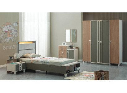 Ensemble de meubles pour enfants complet et moderne, lit pour enfants en bois gris, ensemble de 5 pièces, table de chevet.