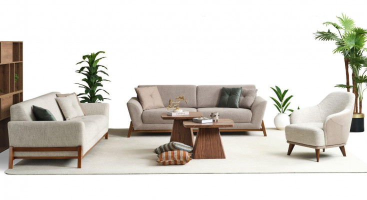 Groupe de canapé Trois places Fauteuil en tissu Canapé Beige Ensemble de canapé en tissu 3 pièces 3+3+1