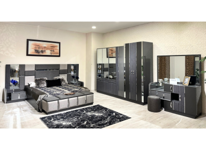 Chambre Complète de Luxe Grise Lit Double 2x Tables de Chevet Armoire