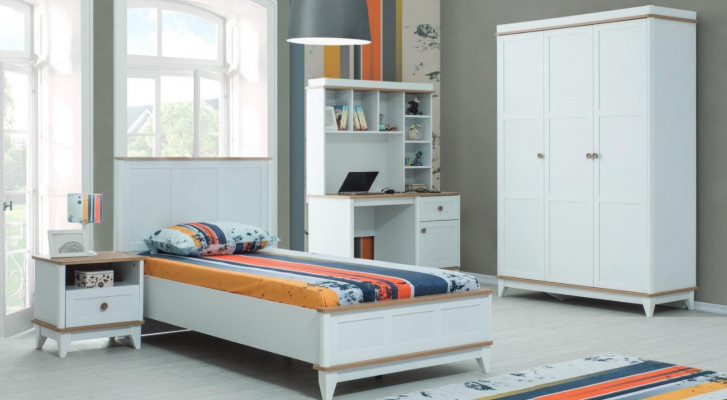 Lit pour jeunes enfants complet, ensemble de meubles pour enfants, lit pour enfants en bois blanc 4 pièces moderne.