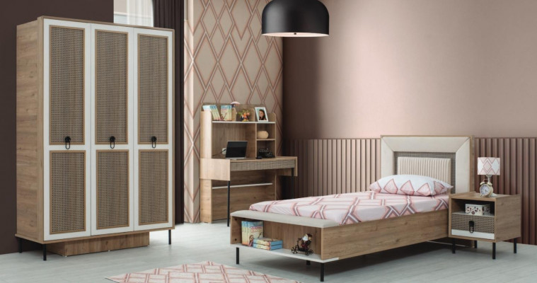 Moderne ensemble de chambre d'enfant complet - Lit d'enfant en bois brun 4 pièces - Neuf