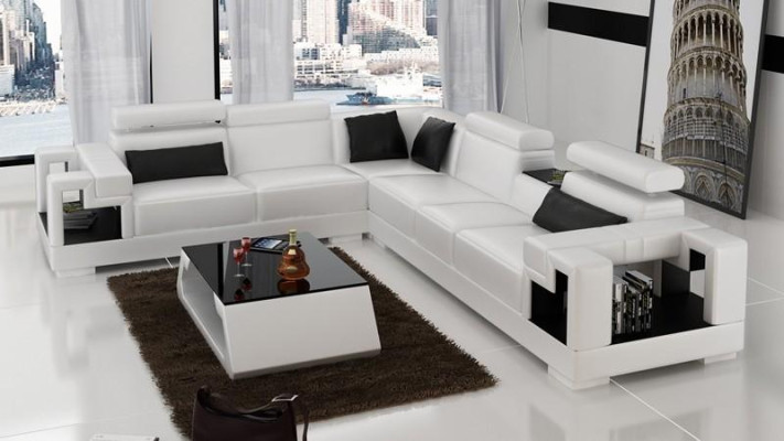 Canapé d'angle en cuir + Table basse Canapé d'angle Canapé Tissu Salon Suite Coin paysager Angle