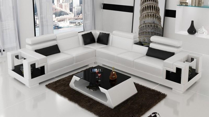 Canapé d'angle en cuir + Table basse Canapé d'angle Canapé Tissu Salon Suite Coin paysager Angle