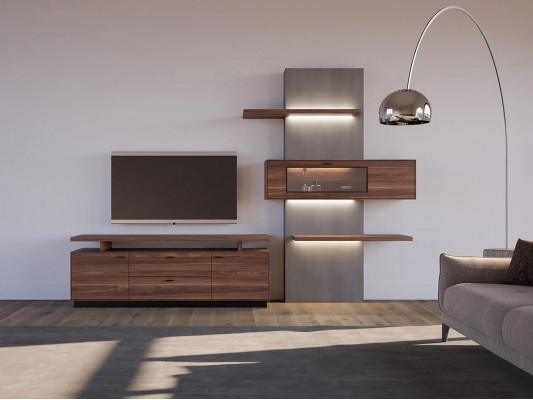 Unité murale: Meubles de salon modernes, meubles en bois de luxe, design moderne complet.