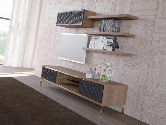 Ensemble de mur complet, armoire murale, meubles en bois, ensemble moderne de 5 pièces avec 3 étagères murales neuves.