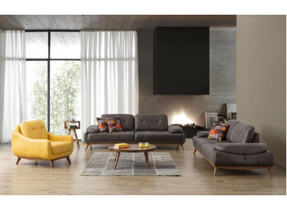 Salon élégant en suite de designer avec canapé trois places et fauteuil moderne en 2 pièces.