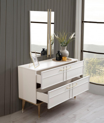 Commode avec miroir Console de chambre en bois Blanc Ensemble moderne de 2 pièces