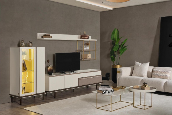 Ensemble de salon blanc avec meuble TV design, vitrine de luxe à LED en bois et étagère.