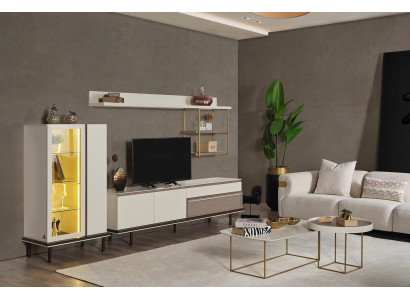 Ensemble de salon blanc avec meuble TV design, vitrine de luxe à LED en bois et étagère.