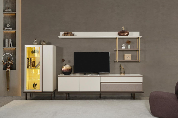 Ensemble de salon blanc avec meuble TV design, vitrine de luxe à LED en bois et étagère.