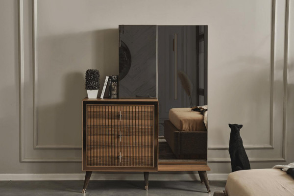 Meubles de chambre en bois marron Commode avec miroir Ensemble de luxe à 3 portes