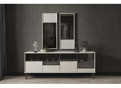 Set de designer moderne buffet latéral blanc 2x miroir 4 portes ensemble de luxe en 2 pièces.