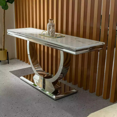 Bahut console en argent, table de luxe en chrome argenté 120x40 cm