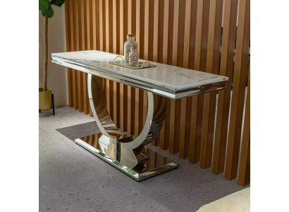 Bahut console en argent, table de luxe en chrome argenté 120x40 cm