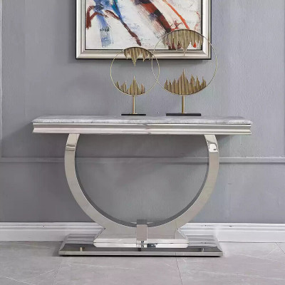 Bahut console en argent, table de luxe en chrome argenté 120x40 cm