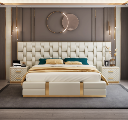 Design de literie de luxe pour lit double matelassé pour chambre à coucher d'hôtel.