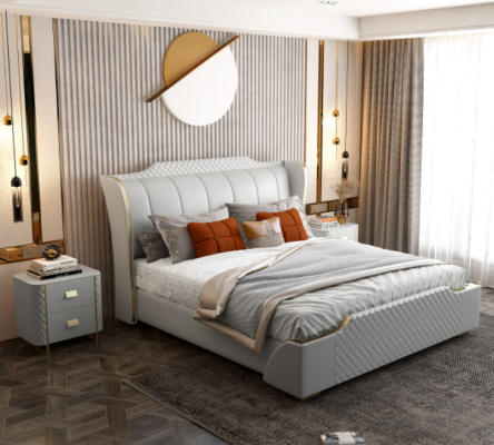 Design de literie de luxe pour lit double d'hôtel en imitation cuir de chambre à coucher.