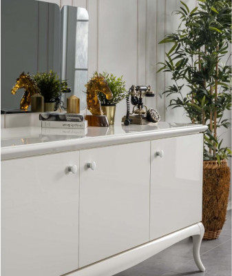 Ensemble de salle à manger Salle à manger Table à manger Bois Blanc Ensemble de 7 pièces Buffet