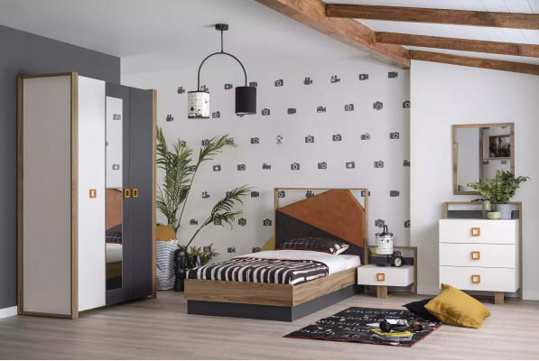 Ensemble de chambre à coucher pour enfants avec lit double, chambre d'enfants, mobilier en bois gris 5 pièces, neuf.