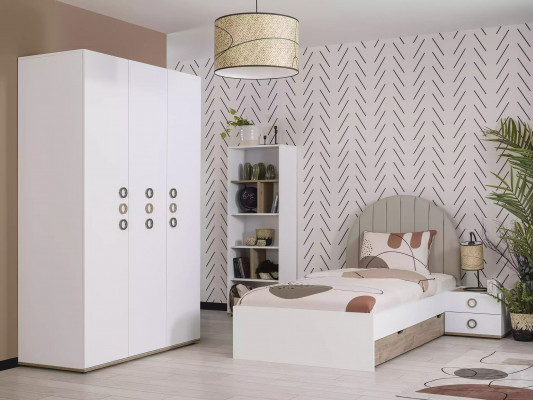 Suite de lit pour enfants Chambre d'enfants Table de chevet Lit Bois Blanc Ensemble 4 pièces