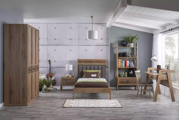 Lit en bois complet avec mobilier de chambre à coucher, lit pour jeunes, ensemble de literie brun 5 pièces.
