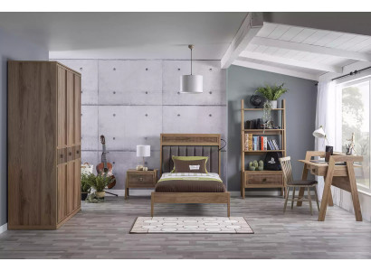 Lit en bois complet avec mobilier de chambre à coucher, lit pour jeunes, ensemble de literie brun 5 pièces.