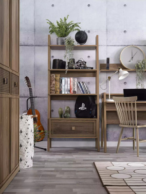 Lit en bois complet avec mobilier de chambre à coucher, lit pour jeunes, ensemble de literie brun 5 pièces.