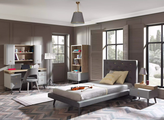 Suite Lit Jeunesse Table de chevet Chambre d'enfant Lit Bois Gris 120 cm 2 pièces