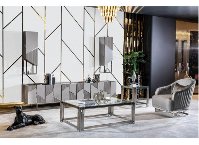 Meuble TV, fauteuil, table basse, table d'appoint - ensemble de 4 pièces pour salon, gris, neuf