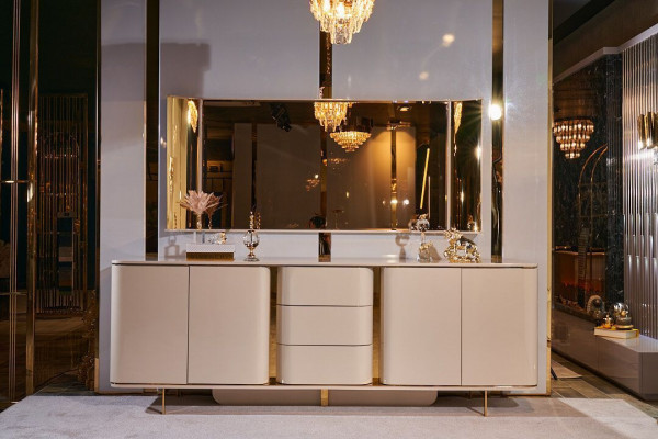 Buffet de salon Miroir Matériau Bois avec Métal Style Moderne Beige