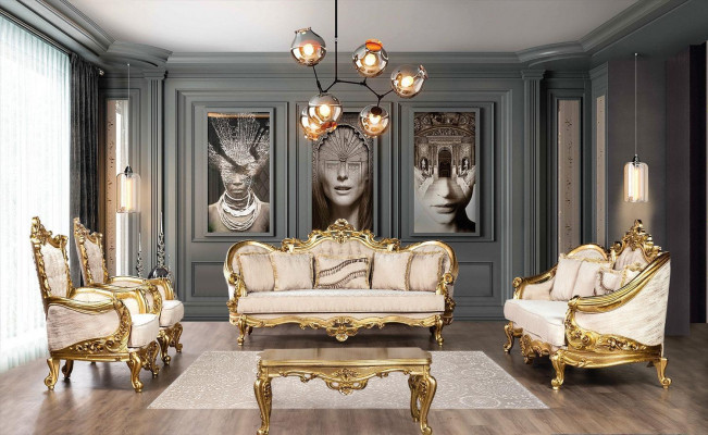 Ensemble de canapés en or Ensemble de canapé 5 pièces avec table basse Chesterfield Baroque