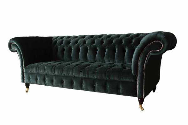 Canapé design Chesterfield 3 places en tissu vert rembourré nouveau