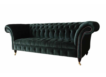 Canapé design Chesterfield 3 places en tissu vert rembourré nouveau