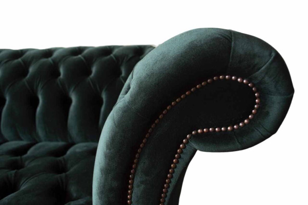 Canapé design Chesterfield 3 places en tissu vert rembourré nouveau