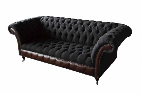 Chesterfield 3 places canapé canapé en cuir revêtement de siège tissu noir neuf