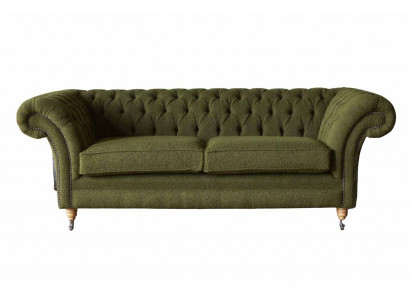 Canapé Chesterfield anglais 3 places en velours vert de 230 cm de longueur