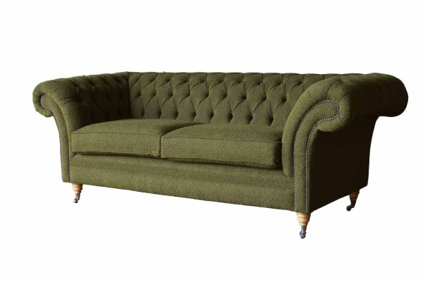 Canapé Chesterfield anglais 3 places en velours vert de 230 cm de longueur