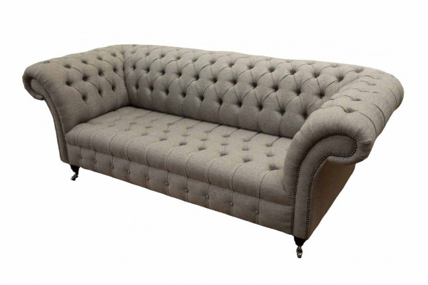 Canapé beige Chesterfield de style anglais classique, canapé 3 places, revêtement en tissu, 230 cm