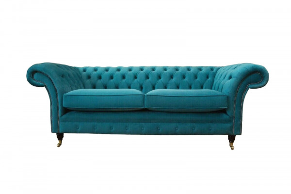 Chesterfield Trois places Canapé Rembourrage en tissu bleu Design Salon