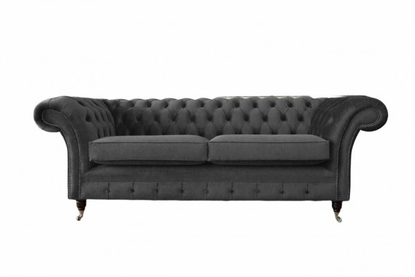 Canapé Chesterfield 3 places en tissu gris pour salon de style.