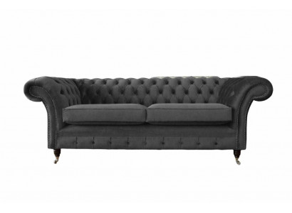 Canapé Chesterfield 3 places en tissu gris pour salon de style.