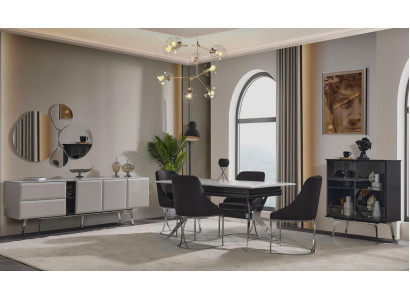 Salle à manger de luxe Noir Gris Table à manger 6x chaises Buffet Ensemble de salle à manger 9 pièces.