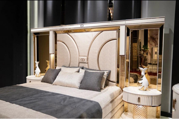 Chambre à coucher Ensemble Lit 2x Tables de chevet Tabouret Luxe nouveau Design en bois 5 pièces