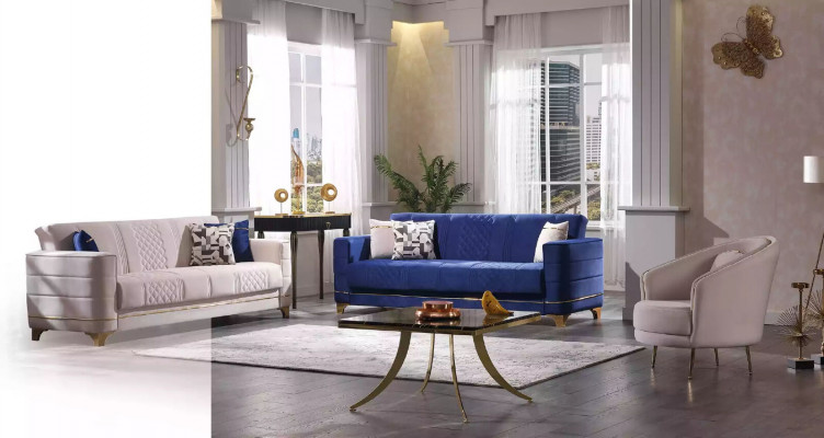 Ensemble de canapé en tissu bleu 3+1+1 places, ensemble de canapé fauteuil 3 pièces