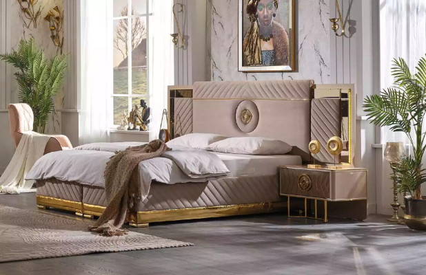 Lit de luxe 2x tables de chevet Ensemble de lits nouveau Lit double Chambre - Ensemble 3 pièces