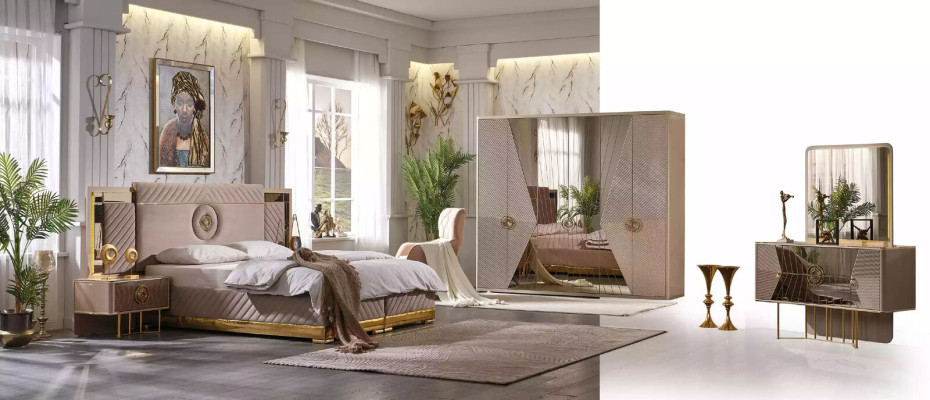 Lit de luxe 2x tables de chevet Ensemble de lits nouveau Lit double Chambre - Ensemble 3 pièces