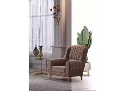 Fauteuil en tissu marron de luxe pour le salon avec armature en bois, moderne, une place.