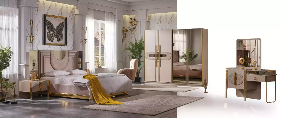 Ensemble chambre beige Lit 2x Tables de chevet Armoire Coiffeuse